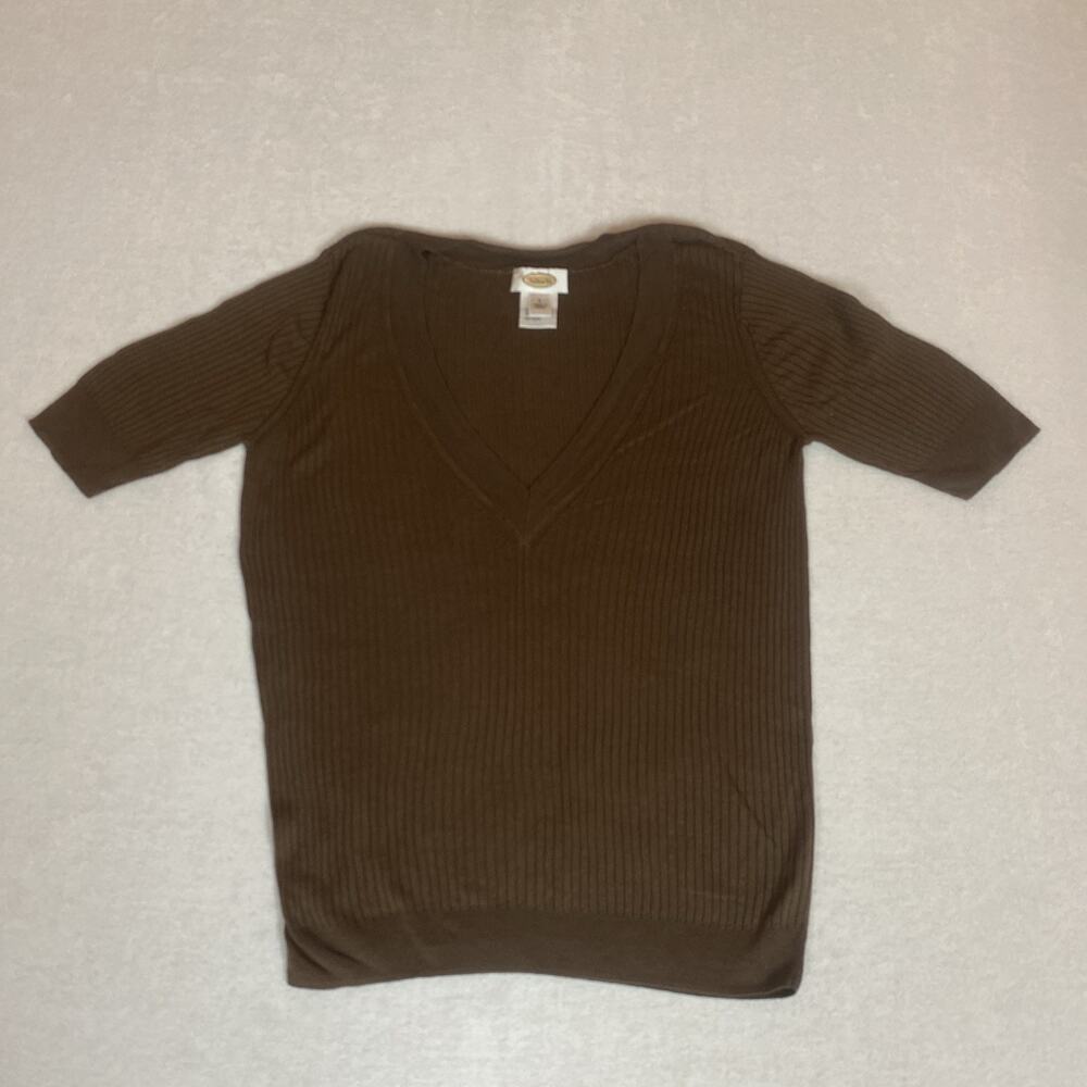Talbots Silk Linen Lightweight Ribbed Brown V Neck Casual Knit Top Large